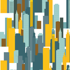 A modern city vector. A vibrant seamless pattern featuring colorful yellow and blue-green buildings on a white background. The bold colors and geometric shapes create a flat minimalistic design - 791392553