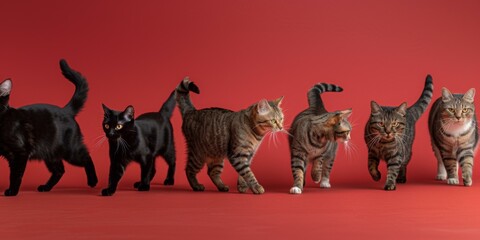 A group of cats walking in a line on red background. Generative AI.