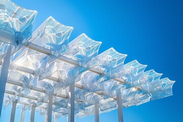 A bunch of white plastic chairs sitting on top a blue sky. Generative AI. - Powered by Adobe