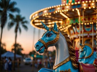 A blue and white carousel horse with lights on it. Generative AI.
