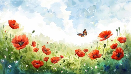 Obraz premium Beautiful watercolor painting of red poppies and a butterfly on the meadow