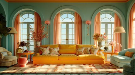 Sunny Retro Living Room Interior with Ocean View