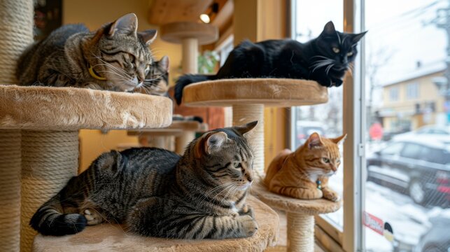 A group of cats are sitting on top of cat trees. Generative AI.