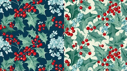 Design patterns with holly and ivy in classic colors and styles