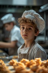A young boy in a chef's hat standing next to another child. Generative AI.