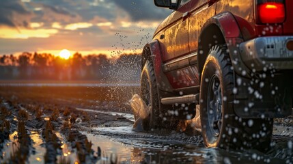 Red Truck Driving Through Puddle of Water