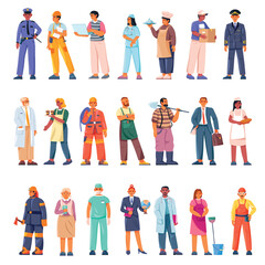 Different profession occupations. Various job professional occupation, cartoon people characters in uniform servant workers, labor day or hr employment recent vector illustration - obrazy, fototapety, plakaty