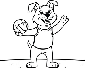 Cute Dog Shooting Basketball outline doodle cartoon illustration. Bold and easy coloring book page activity for kids and adults. Created with Generative AI