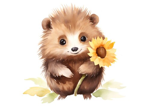 Watercolor cute hedgehog with sunflower isolated on white background.