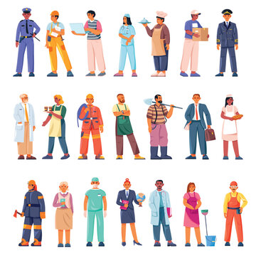 Different profession occupations. Various job professional occupation, cartoon people characters in uniform servant workers, labor day or hr employment recent vector illustration