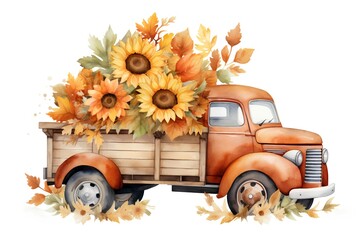 Watercolor autumn truck with a bouquet of sunflowers. - obrazy, fototapety, plakaty