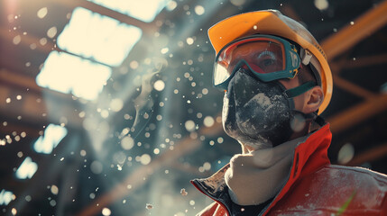 Man Wearing Gas Mask and Goggles in Hazardous Environment