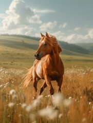 A horse is running through a field of flowers and grass. Generative AI.