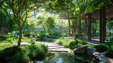 A tranquil garden pavilion transformed into a secluded meeting space, its verdant surroundings and bubbling fountains providing a serene backdrop for strategic discussions 