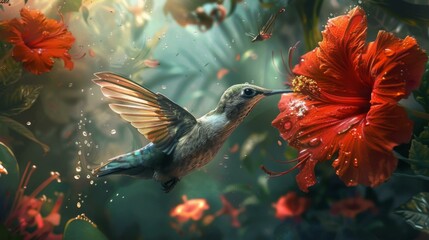 A hummingbird is flying over a flower with many flowers. Generative AI.