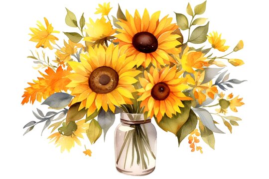 Beautiful vector image with nice watercolor sunflowers bouquet