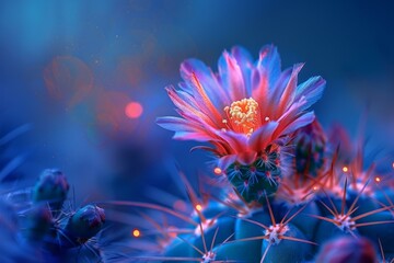 A close up of a cactus flower with bright lights. Generative AI.