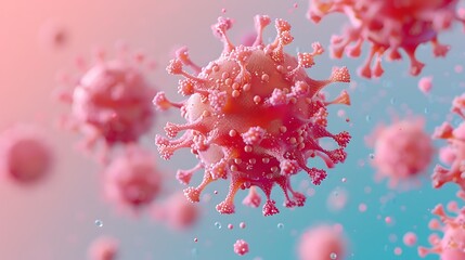 A close up of a pink virus with many small red dots