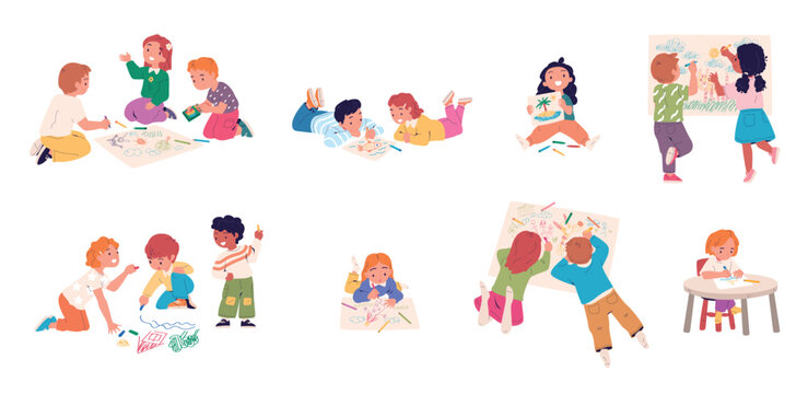 Kids painting hobby. Child art workshop, happy children creating paintings together, preschool kid friends study draw with color pencil creative picture classy vector illustration