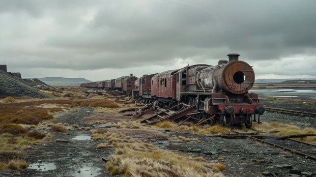 A desolate train graveyard with rotting engines and broken carriages slowly being reclaimed by nature their ghostly forms haunting the barren landscape. .