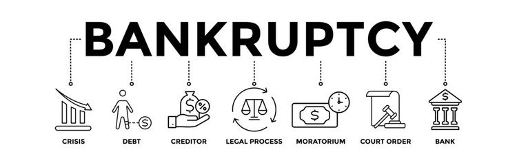 Bankruptcy banner icons set with black outline icon of crisis, debt, creditor, legal process, moratorium, court order, and bank	 - obrazy, fototapety, plakaty