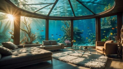 A living room with a large aquarium in the middle. Generative AI.