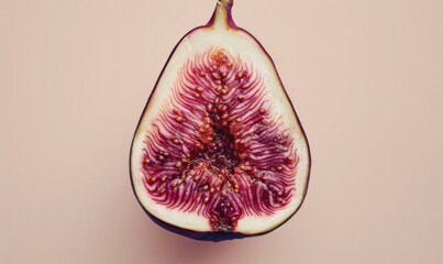 A close up of a half eaten fig on pink background. Generative AI. - Powered by Adobe