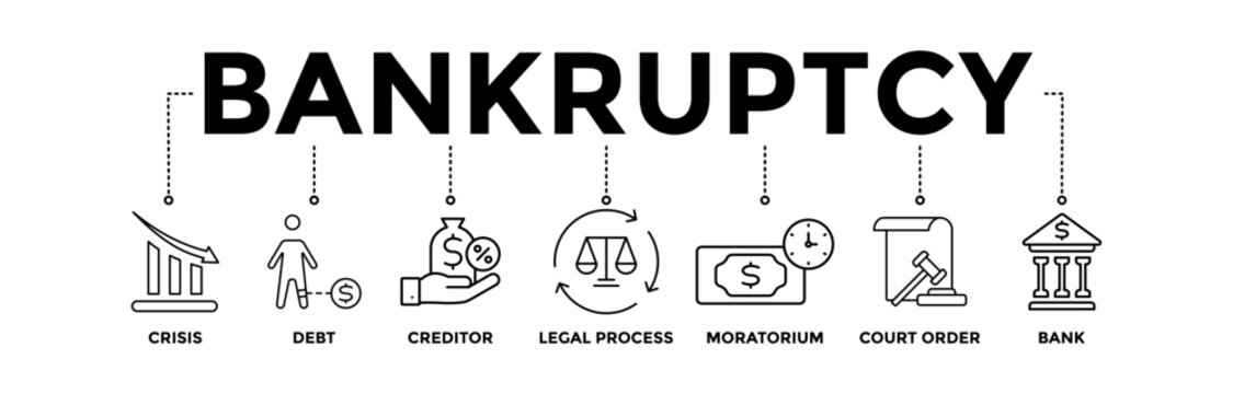 Bankruptcy banner icons set with black outline icon of crisis, debt, creditor, legal process, moratorium, court order, and bank	