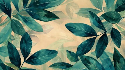 Abstract background with green leaves, retro watercolor wallpaper
