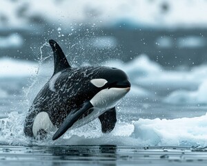 Obraz premium A black and white orca whale splashing in the water. Generative AI.