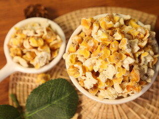 Popcorn for a plate and a cup of dipping sauce