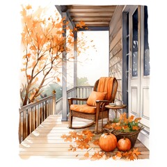 Watercolor wooden terrace with wicker chair and pumpkins.