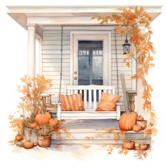 Watercolor illustration of a porch with autumn leaves and pumpkins.