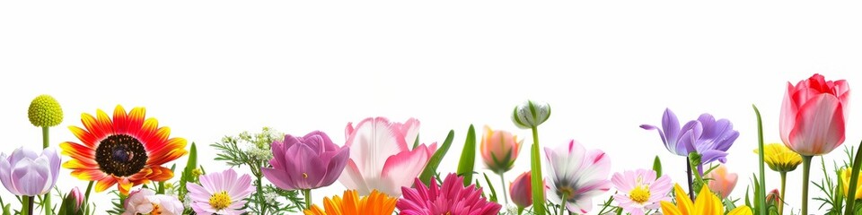 Obraz premium Assorted Pressed Flowers and Leaves Arranged on White Background. Flat lay view of colorful flowers and green leaves artistically arranged on a clean white background, perfect for crafting and decor.
