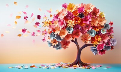 Artificial tree made of colorful paper flowers on pastel background, Generative AI