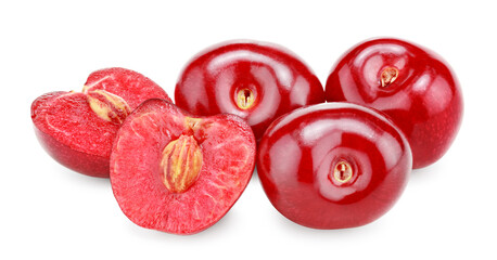 red cherry fruits with slices isolated on white background. clipping path