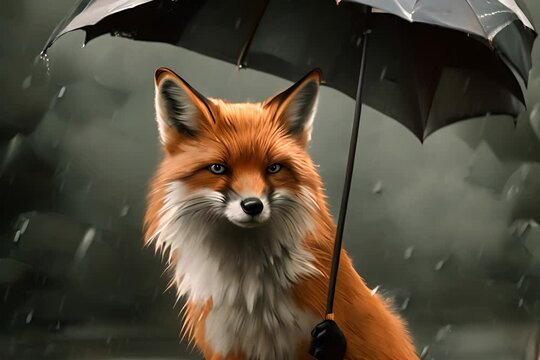 A painted fox sitting outside under a black umbrella, it's raining. Umbrella day. Dark background