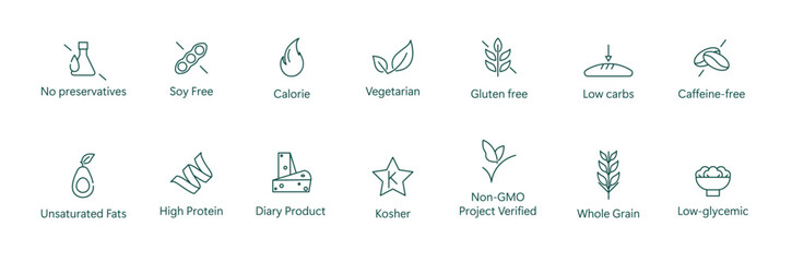 Complete Wellness Icon: Gluten-Free, Low-Carb, Unsaturated Fats, Dairy-Free, Vegetarian, GMO-Free Vector Desig