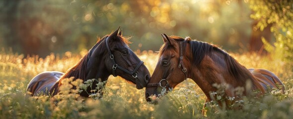 Two horses are touching noses in a field of tall grass. Generative AI. - obrazy, fototapety, plakaty