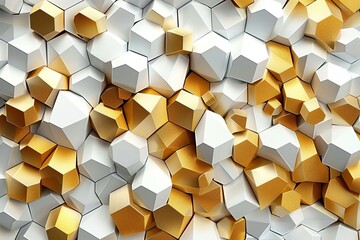 3d abstraction seamless golden and white polygon, hexagon, cubes, triangle geometric shape 3d render illustration background. abstract golden and white cubes interior mural wall art, Generative AI