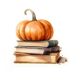 Pumpkin and books isolated on white background. Watercolor illustration.