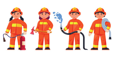 Kids firefighters. Children firemen cartoon cute characters, child brave fireman in hat with hose rescue equipment funny firefighter boy girl kid brigade recent vector illustration