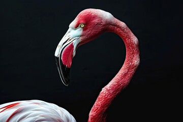 A close-up of a pink and white Flamingo on a black background