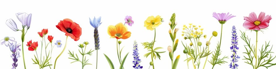 Assorted Pressed Flowers and Leaves Arranged on White Background. Flat lay view of colorful flowers and green leaves artistically arranged on a clean white background, perfect for crafting and decor.