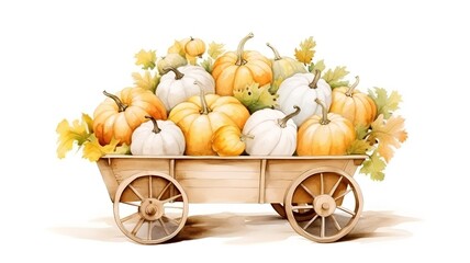 Pumpkins in a wooden cart isolated on white background. Watercolor illustration