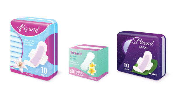 Feminine pads pack. Realistic sanitary pads packaging box advertising mockup, woman pad with wings clean cotton napkin women hygiene product female brand, exact vector illustration
