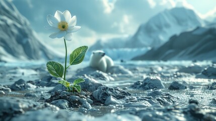 A solitary flower stands resilient among rocks with a majestic snowy landscape and polar bear afar