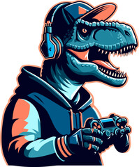 Dinosaur as Gamer, Cute Character Mascot Logo Design Concept, Wearing Headphones and Hold Game Controller, Cartoon Clipart Vector illustration concept style for badge sport and esport team.
