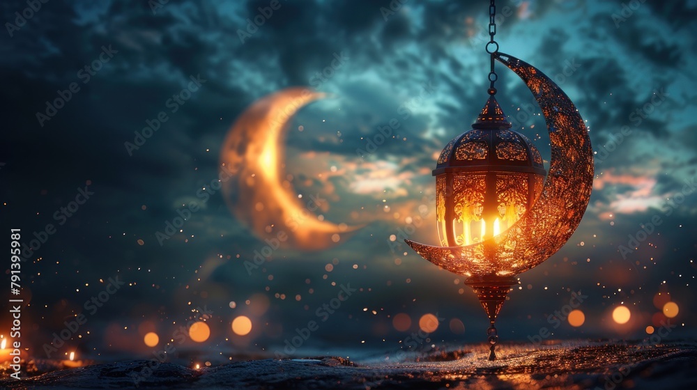 Poster islamic background for ramadan lantern and crescent moon