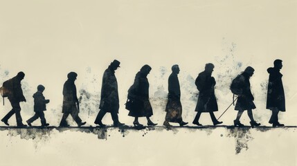 Silhouettes of a group of people of various ages walking in a line with a watercolor effect